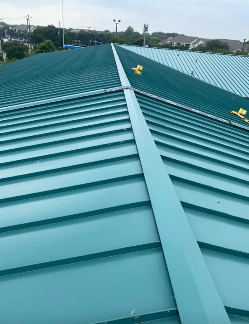 Green commercial metal roof ridge and valley for Metal Roof Repair in Yosemite Lakes